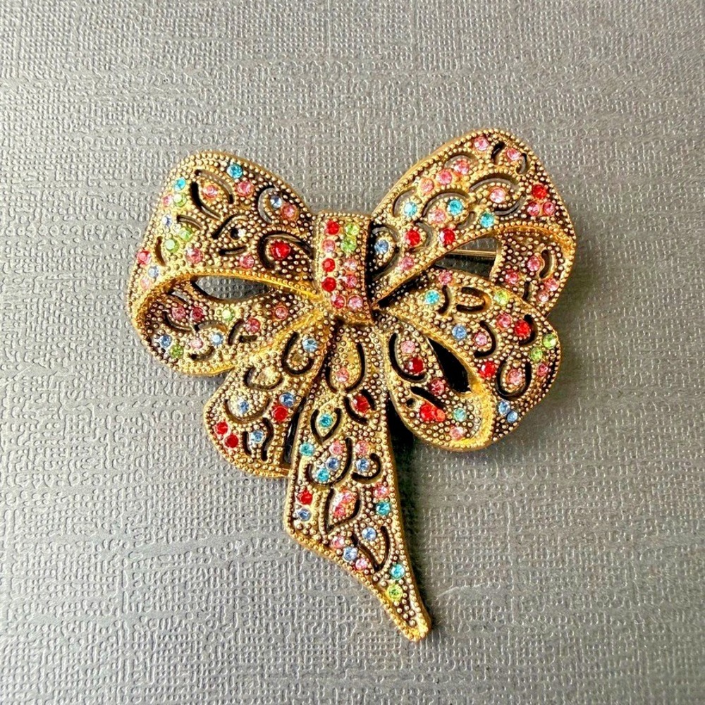 Bow Brooch Pin Multicolor Rhinestone Antique Gold Alloy Ribbon Statement Jewelry